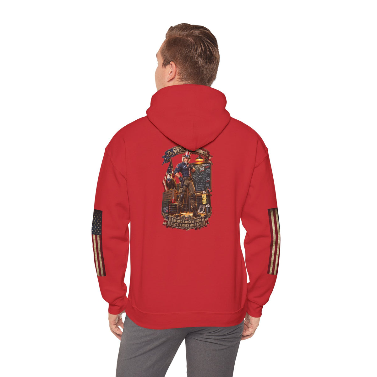 Patriotic Revolutionary War Hoodie — Vintage American Flag Sleeves - Personalized
