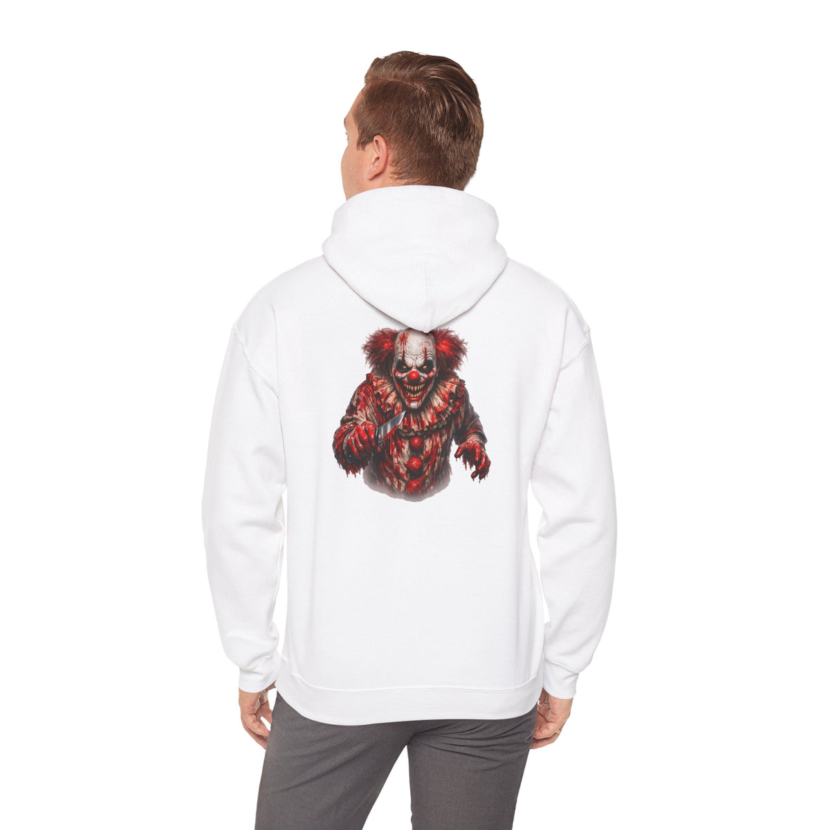 Horror Clown Bear Hoodie — Creepy Bloodied Teddy Graphic Sweatshirt