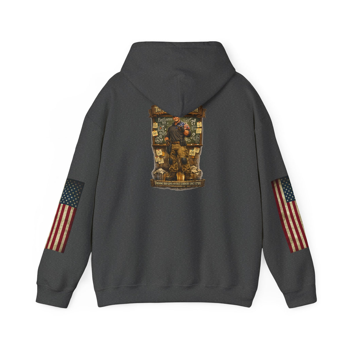 Patriotic Veteran Tribute Hoodie — American Flag Sleeves & Military Honor Back Print