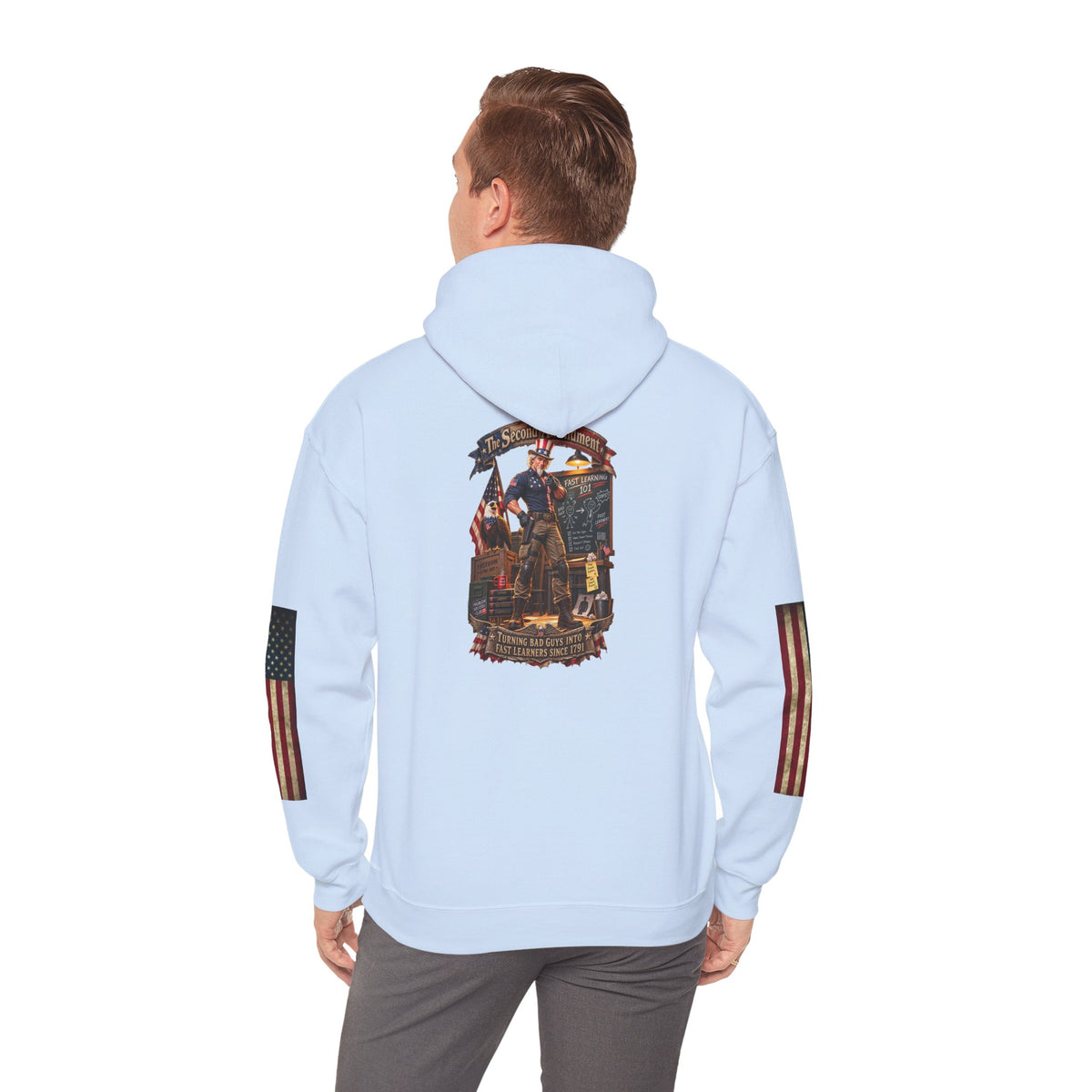 Patriotic Revolutionary War Hoodie — Vintage American Flag Sleeves - Personalized