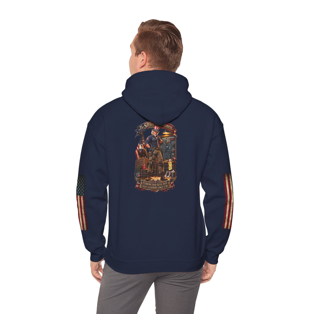 Patriotic Revolutionary War Hoodie — Vintage American Flag Sleeves