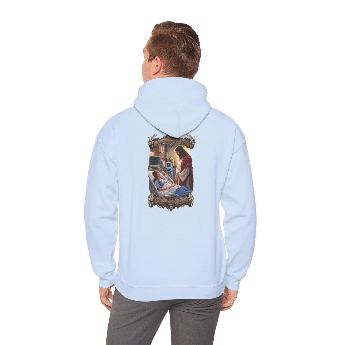 Religious Prayer Hoodie – Comforting Hospital Scene Pullover