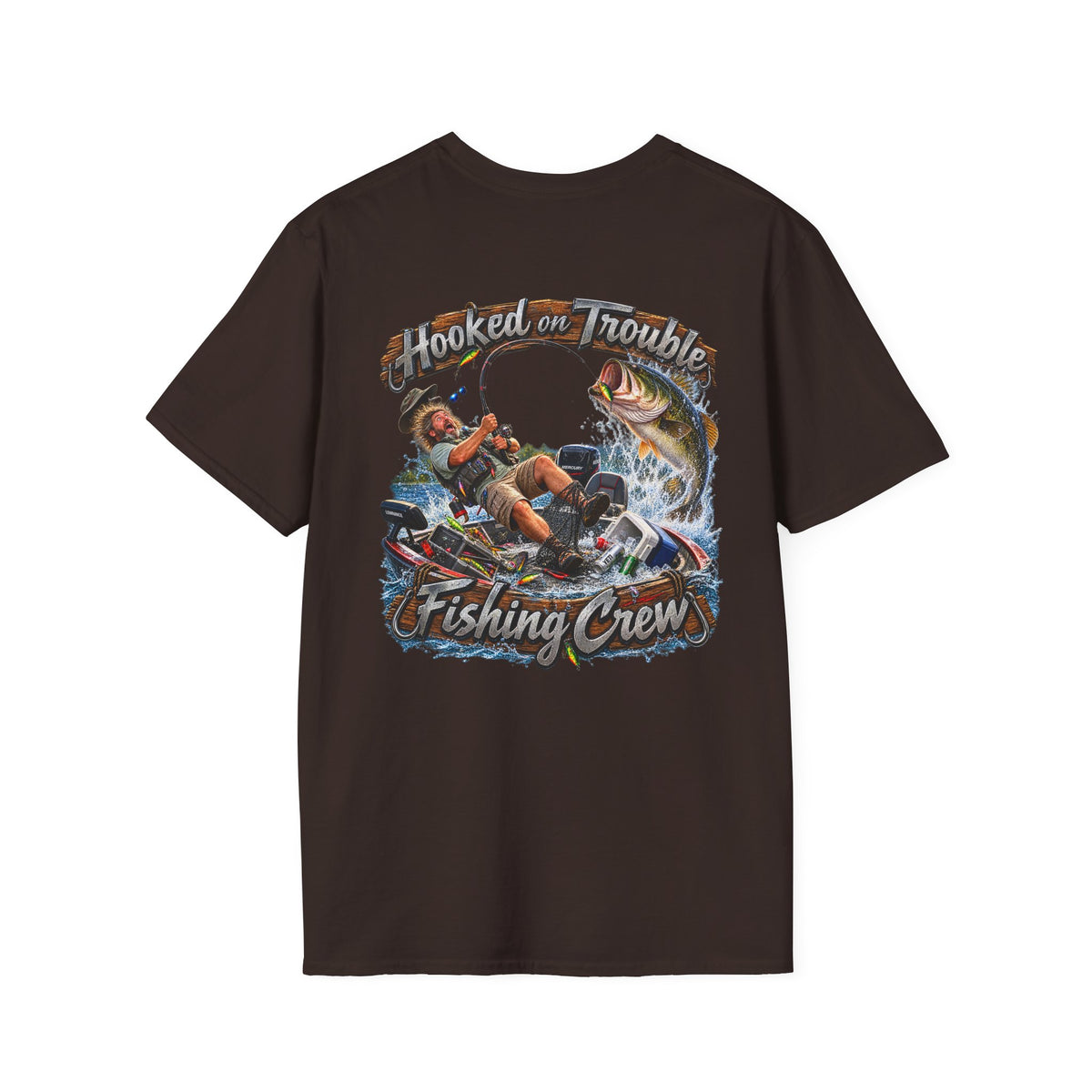 Fishing Crew T-Shirt — "Hooked on Trouble" Graphic T-Shirt