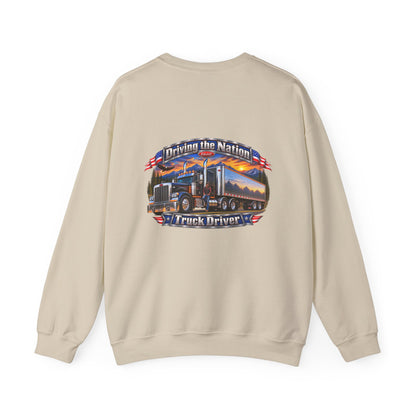Truck Driver Crewneck Sweatshirt — "Driving the Nation" Patriotic Semi-Truck Design