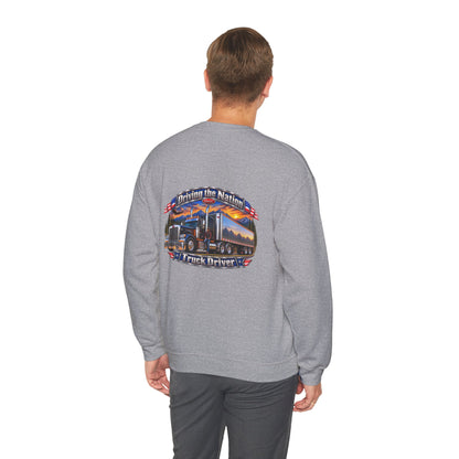 Truck Driver Crewneck Sweatshirt — "Driving the Nation" Patriotic Semi-Truck Design