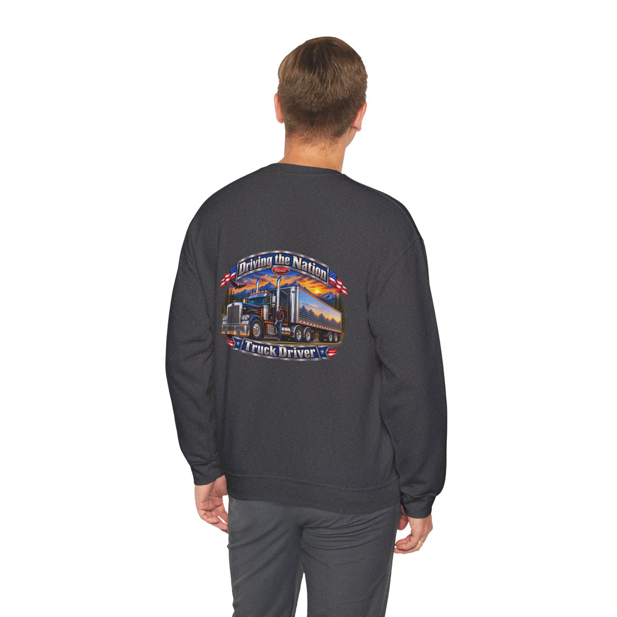 Truck Driver Crewneck Sweatshirt — "Driving the Nation" Patriotic Semi-Truck Design