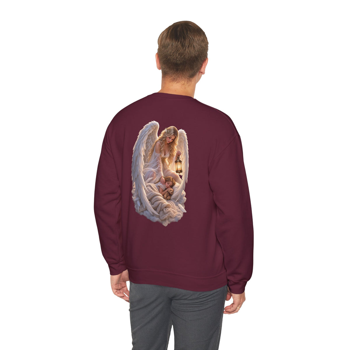Angel Embrace Crewneck Sweatshirt — Serene Guardian Back Print - personalized