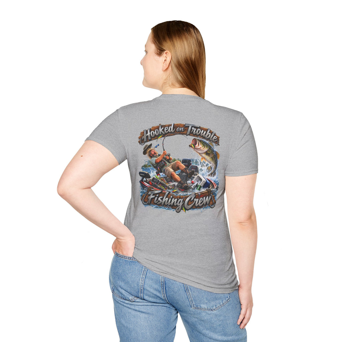 Fishing Crew T-Shirt — "Hooked on Trouble" Graphic T-Shirt