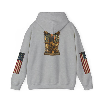 Patriotic Veteran Tribute Hoodie — American Flag Sleeves & Military Honor Back Print