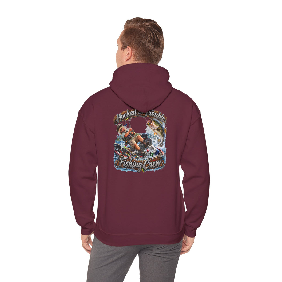Fishing Crew Hoodie — "Hooked on Trouble" Graphic Hoodie