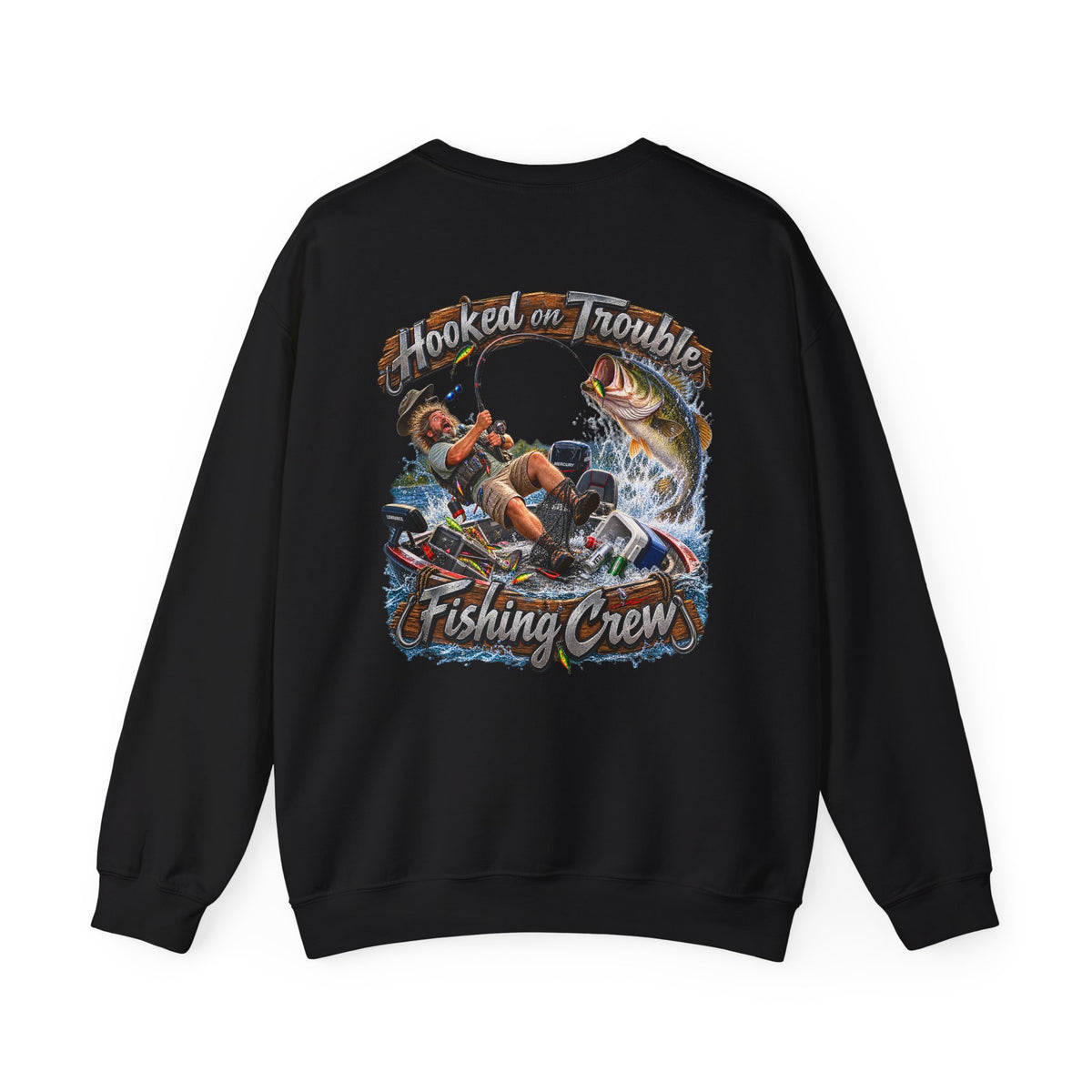 Fishing Crew Sweatshirt — "Hooked on Trouble" Graphic Crewneck