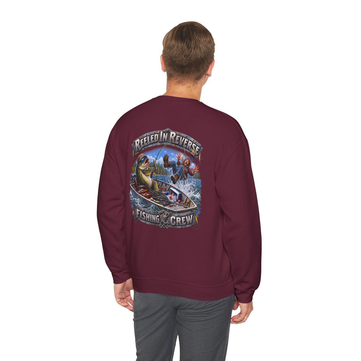 Fishing Crewneck Sweatshirt — "Reeled in Reverse" Graphic
