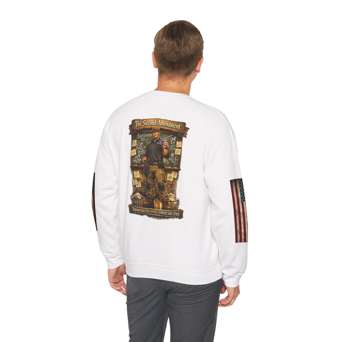 Patriotic Veteran Tribute Crewneck — American Flag Sleeves & Military Honor Back Print