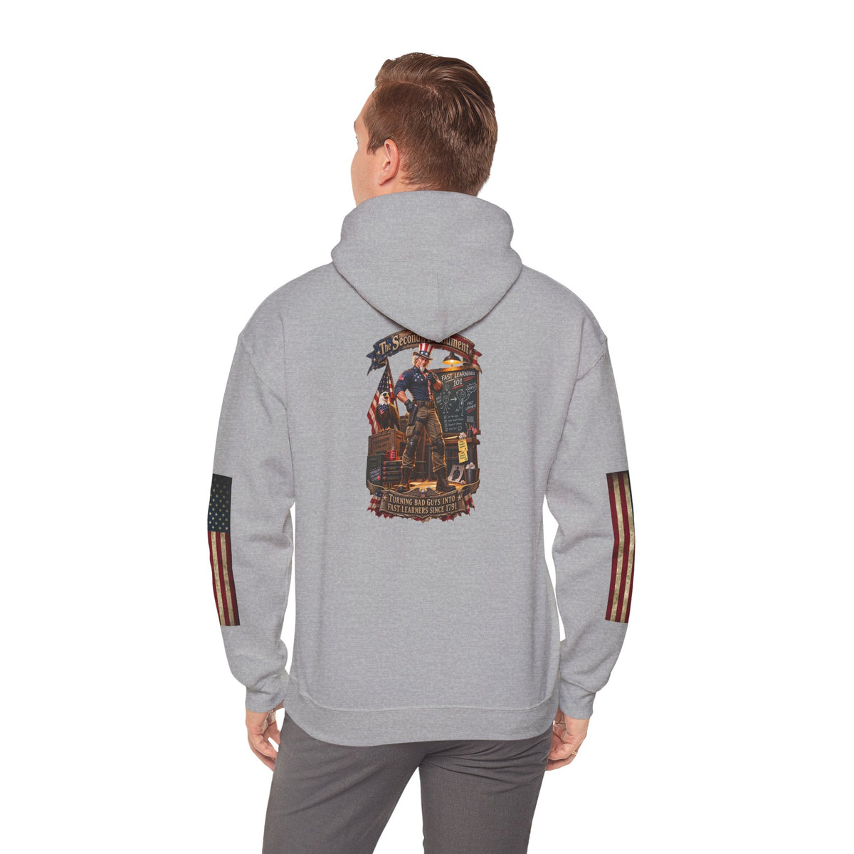 Patriotic Revolutionary War Hoodie — Vintage American Flag Sleeves - Personalized