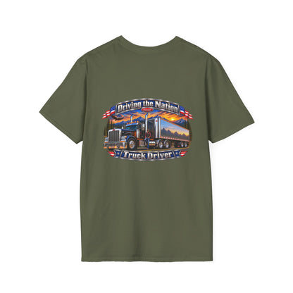 Truck Driver Crewneck T-Shirt — "Driving the Nation" Patriotic Semi-Truck Design