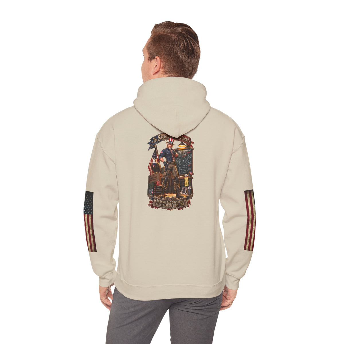 Patriotic Revolutionary War Hoodie — Vintage American Flag Sleeves - Personalized