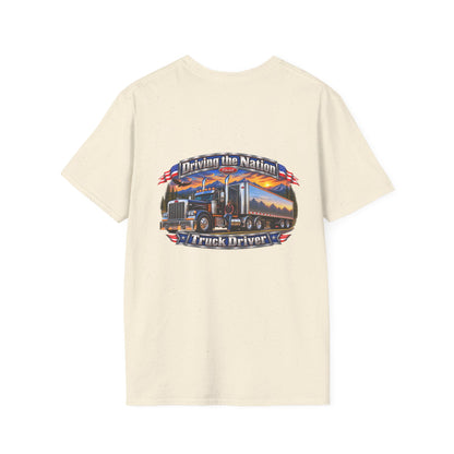 Truck Driver Crewneck T-Shirt — "Driving the Nation" Patriotic Semi-Truck Design