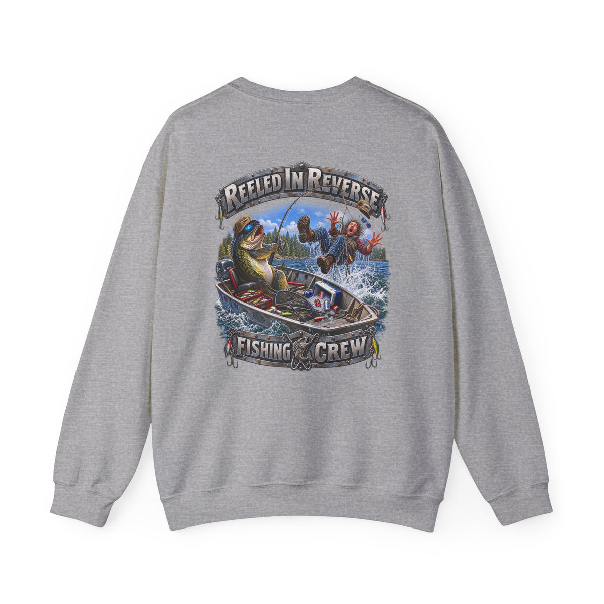 Fishing Crewneck Sweatshirt — "Reeled in Reverse" Graphic