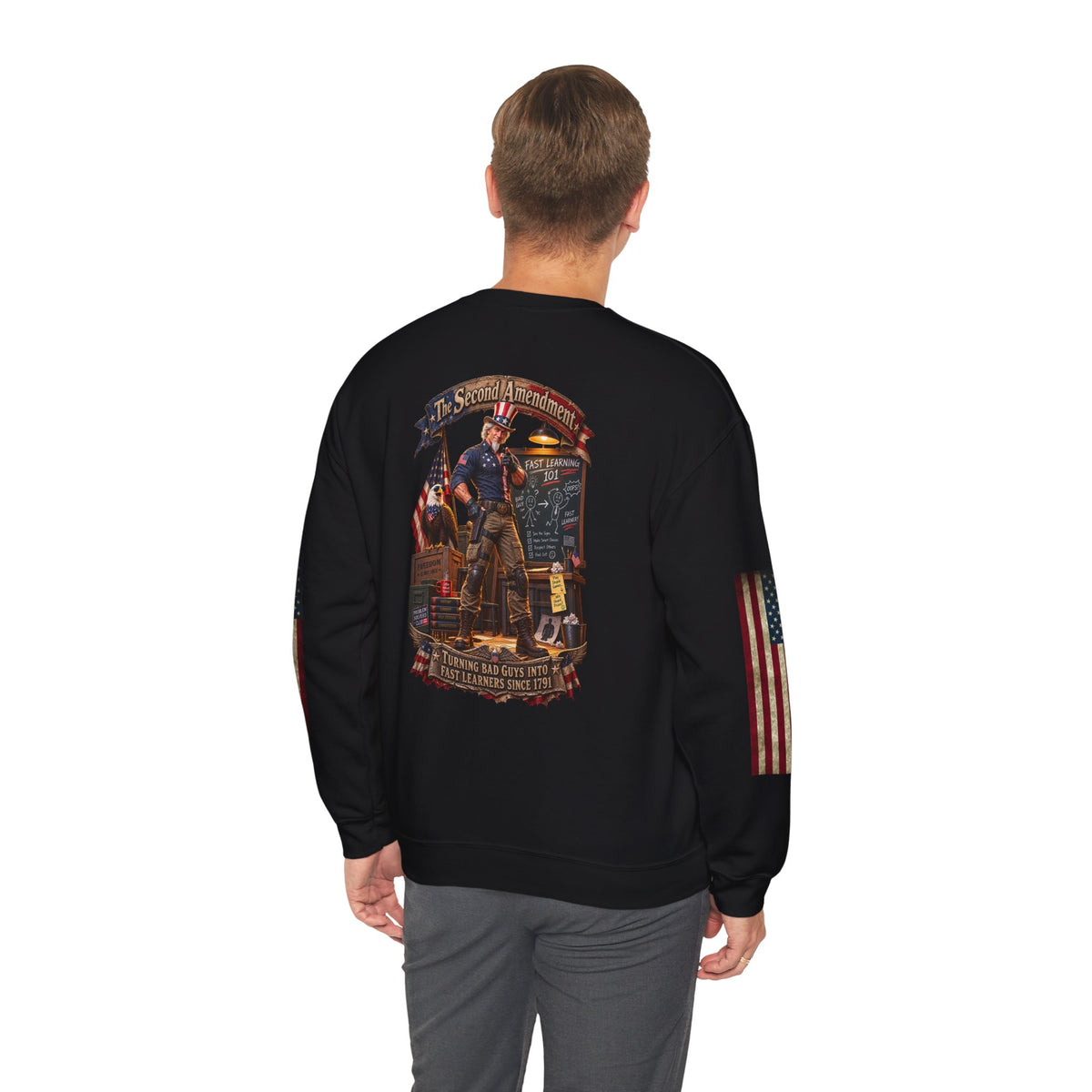 Patriotic Revolutionary War Crewneck Sweatshirt — Vintage American Flag Sleeves