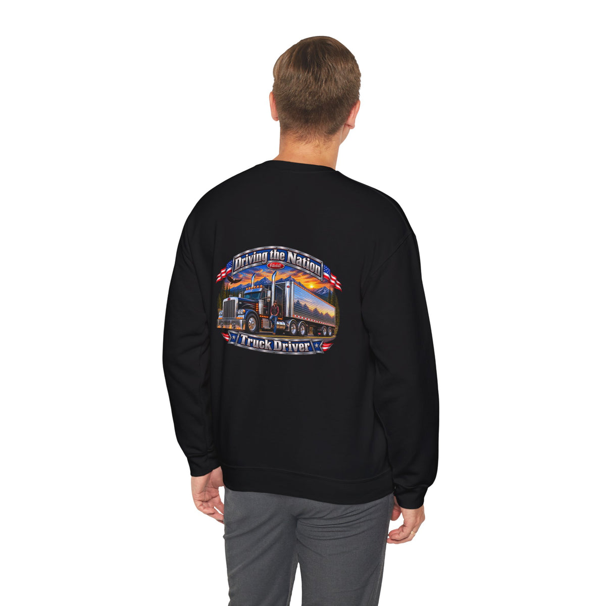 Truck Driver Crewneck Sweatshirt — "Driving the Nation" Patriotic Semi-Truck Design