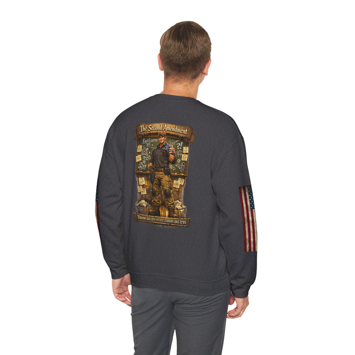 Patriotic Veteran Tribute Crewneck Sweatshirt — American Flag Sleeves & Military Honor Back Print - Personalized