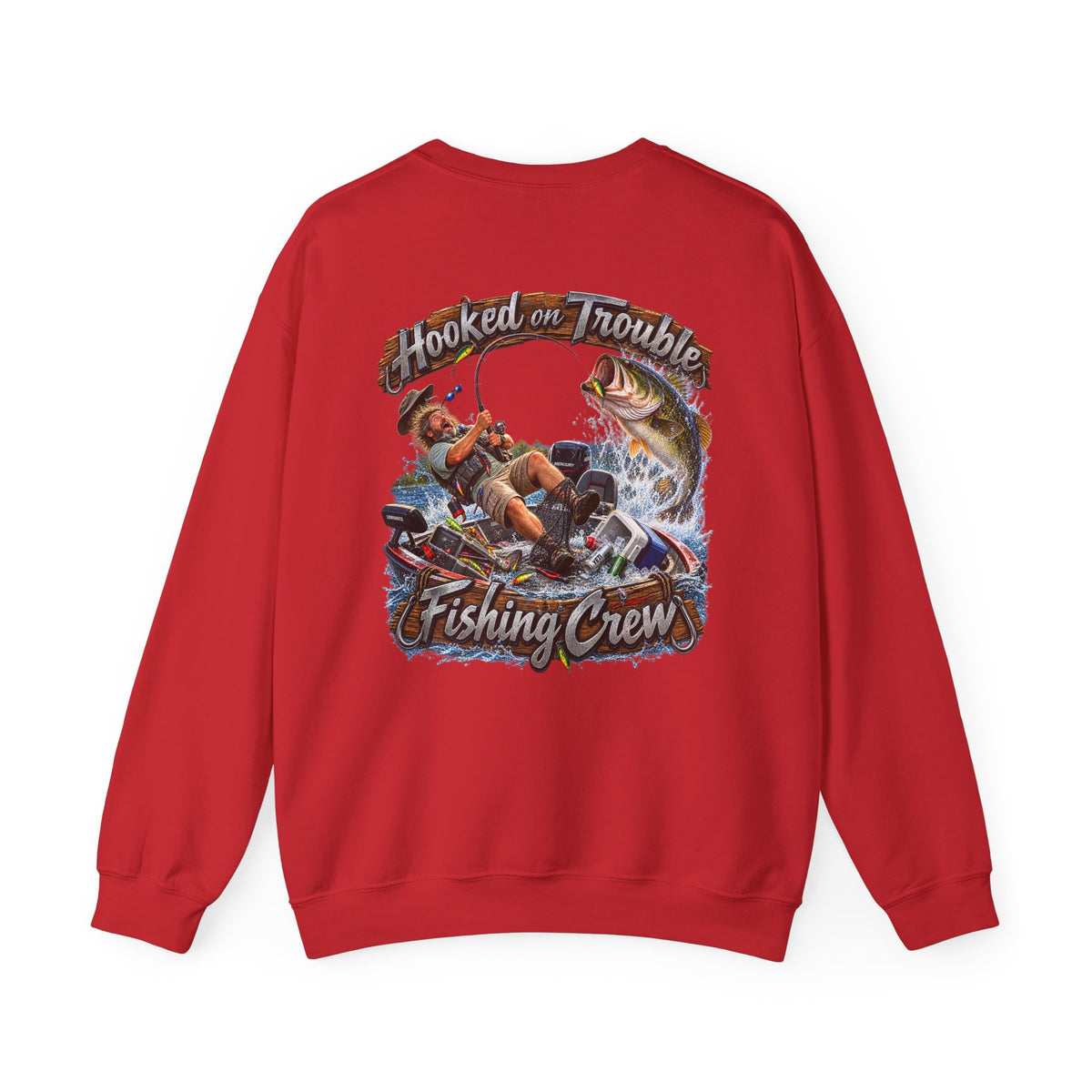 Fishing Crew Sweatshirt — "Hooked on Trouble" Graphic Crewneck - Personalized