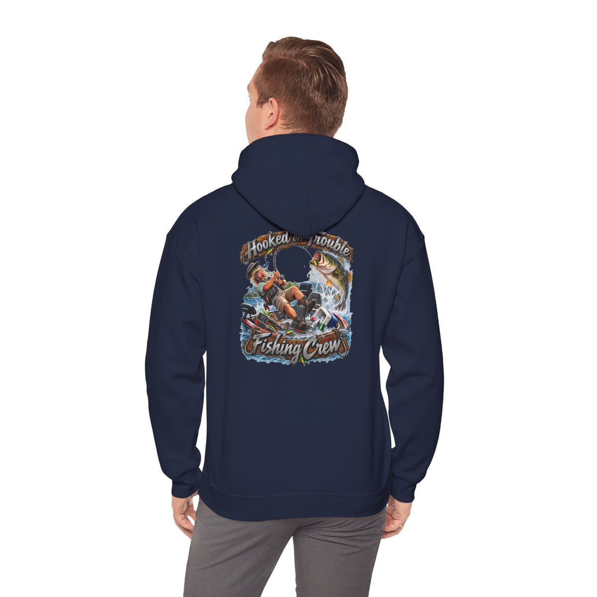 Fishing Crew Hoodie — "Hooked on Trouble" Graphic Hoodie