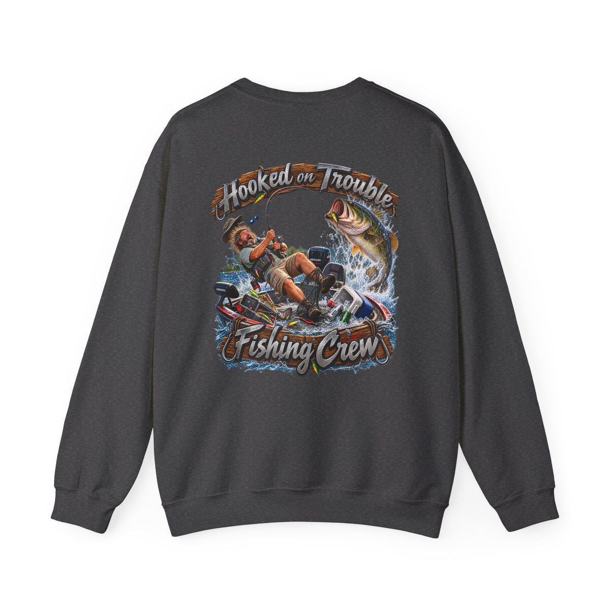 Fishing Crew Sweatshirt — "Hooked on Trouble" Graphic Crewneck - Personalized