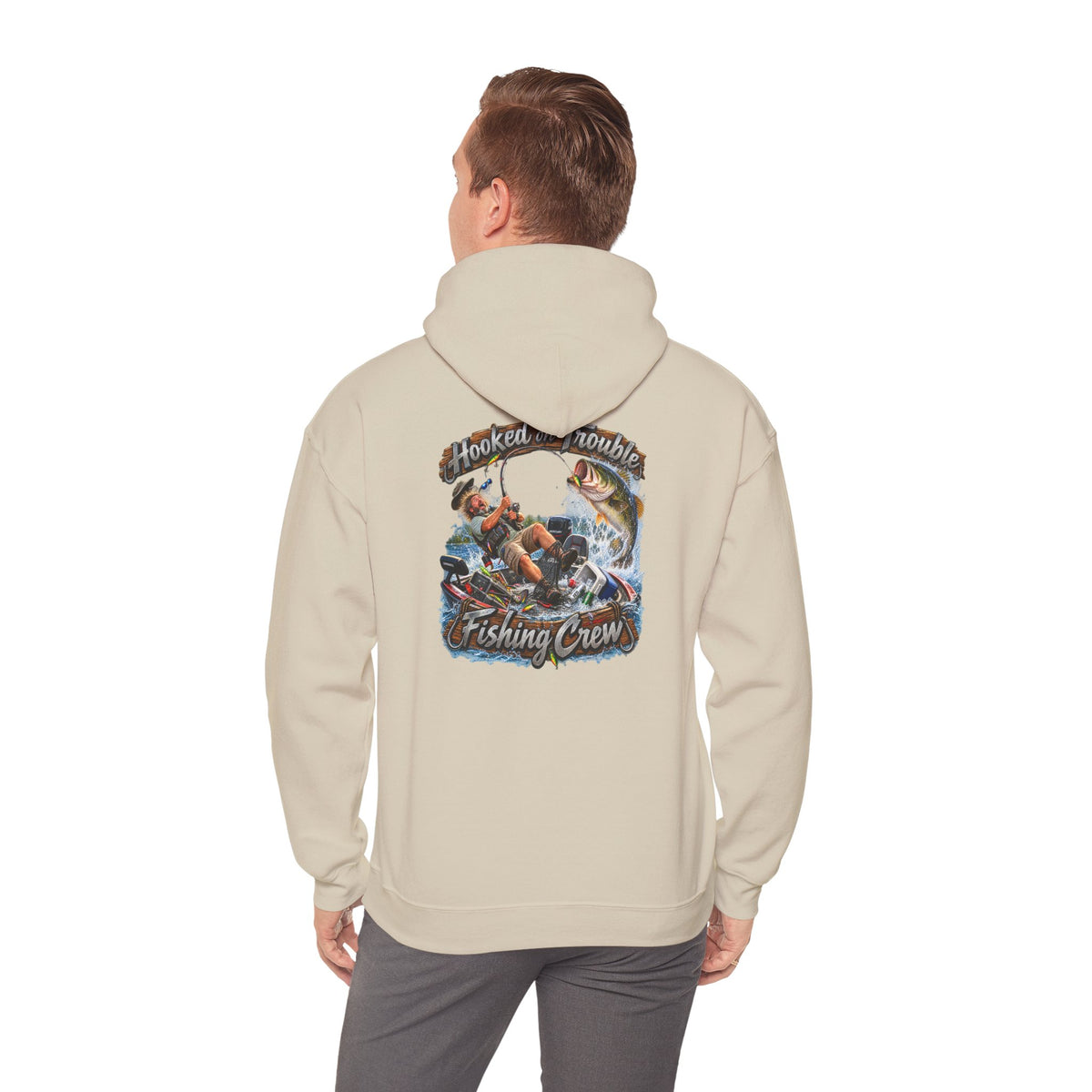 Fishing Crew Hoodie — "Hooked on Trouble" Graphic Hoodie