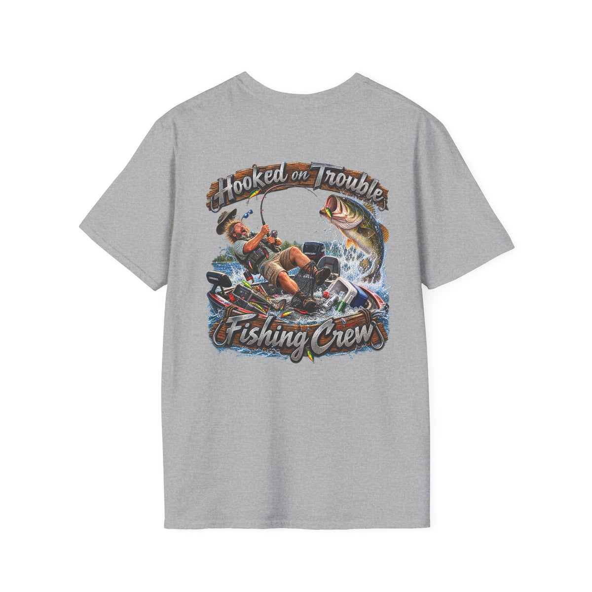 Fishing Crew T-Shirt — "Hooked on Trouble" Graphic T-Shirt - Personalized
