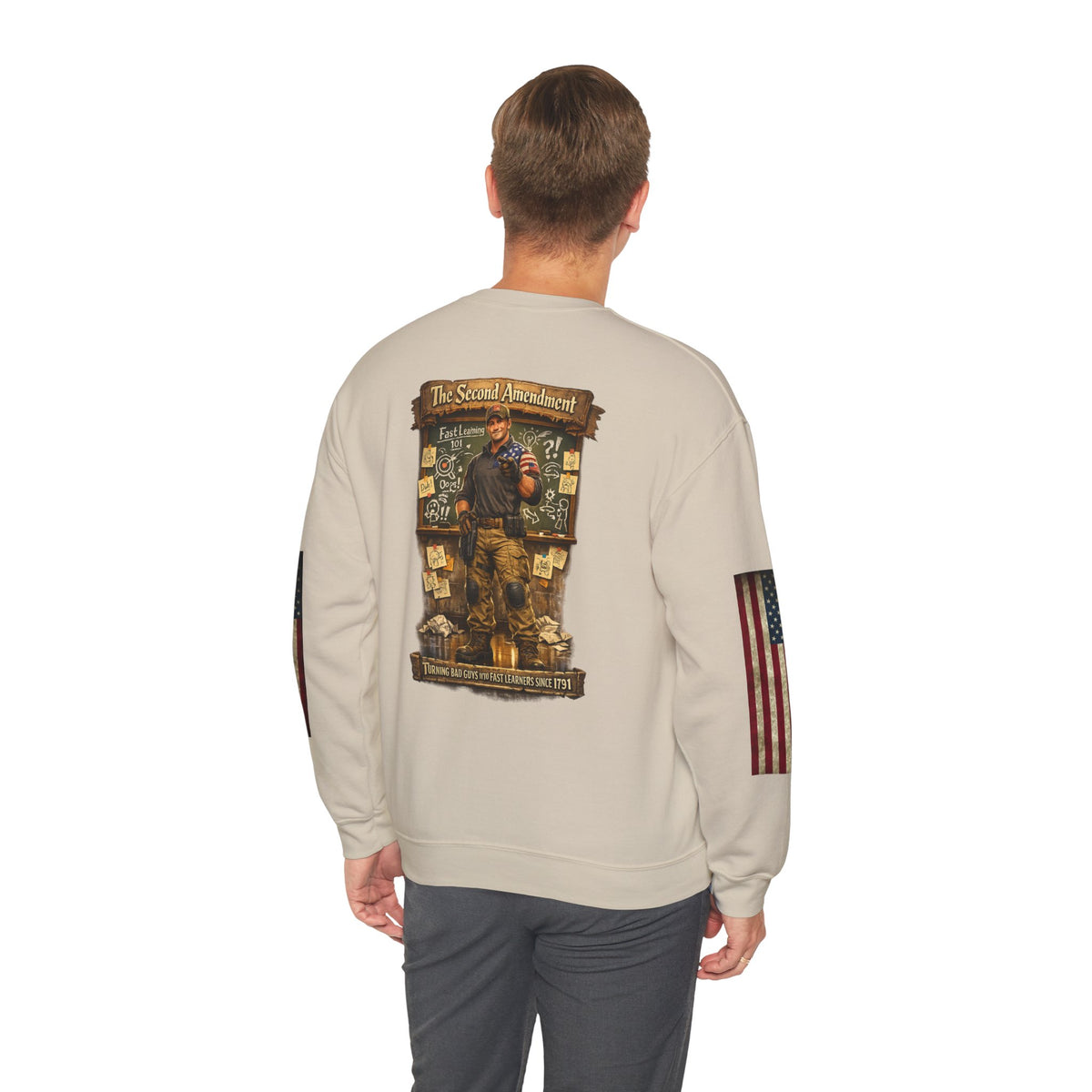 Patriotic Veteran Tribute Crewneck — American Flag Sleeves & Military Honor Back Print