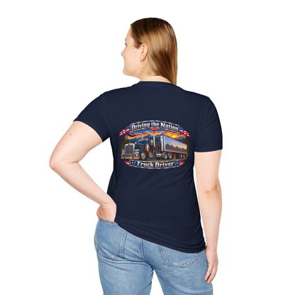 Truck Driver Crewneck T-Shirt — "Driving the Nation" Patriotic Semi-Truck Design