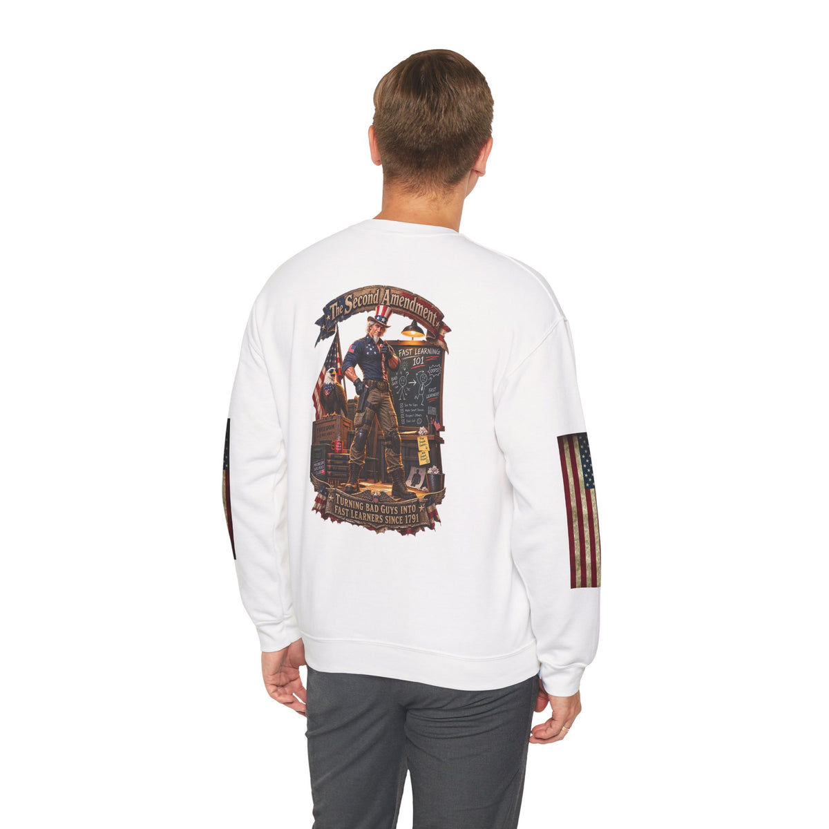 Patriotic Revolutionary War Crewneck Sweatshirt — Vintage American Flag Sleeves - Personalized