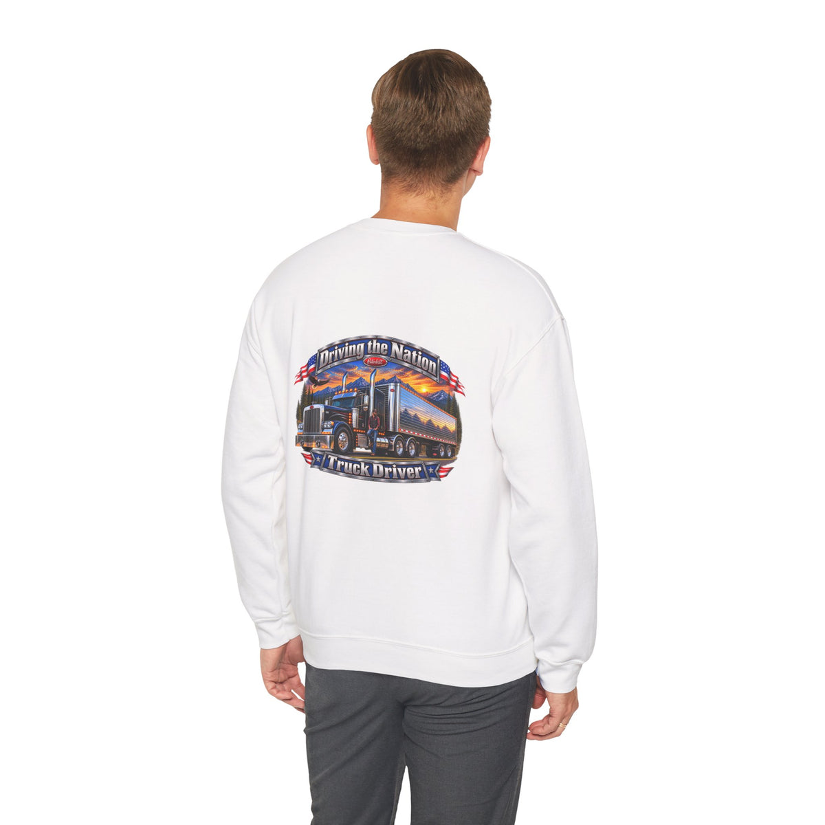 Truck Driver Crewneck Sweatshirt — "Driving the Nation" Patriotic Semi-Truck Design