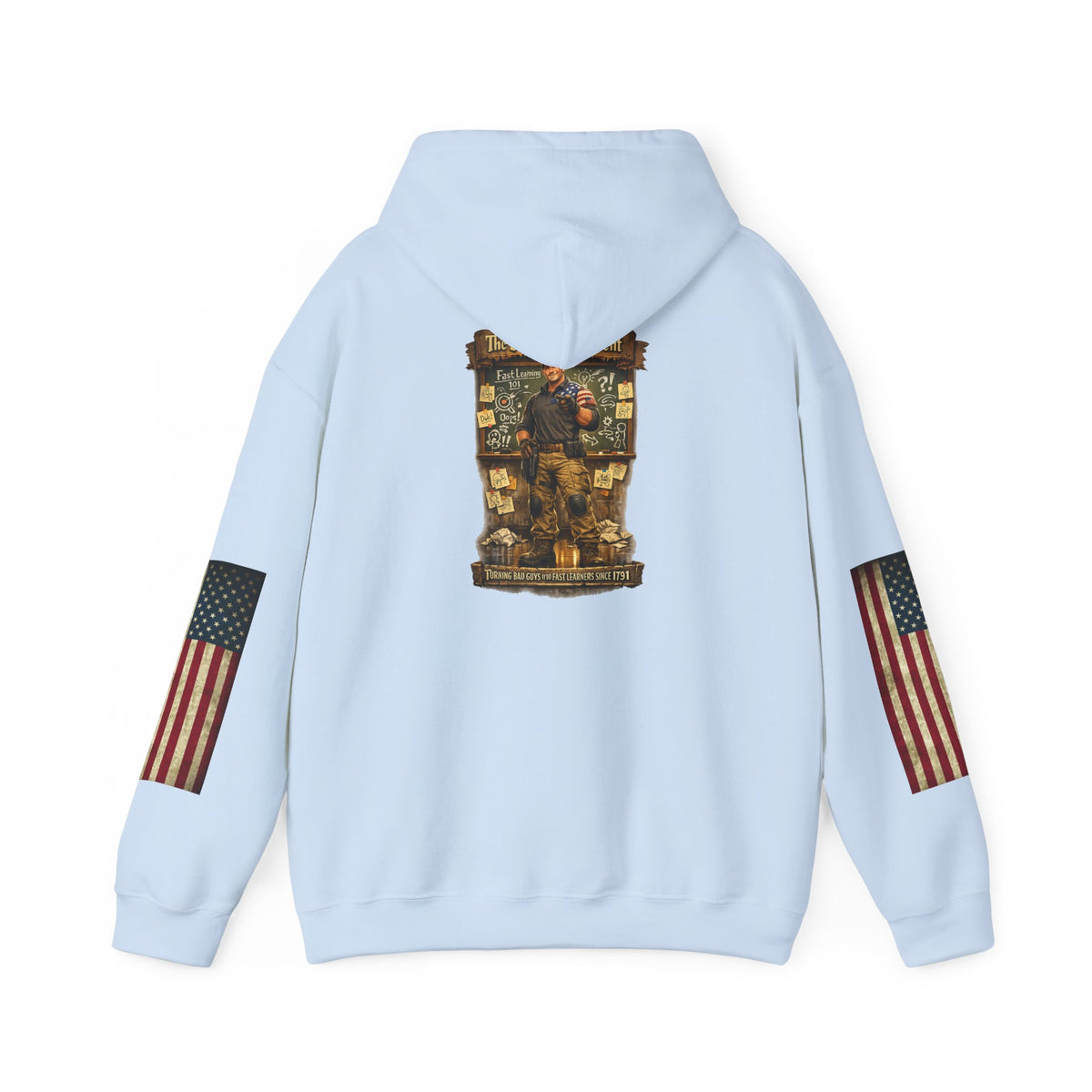 Patriotic Veteran Tribute Hoodie — American Flag Sleeves & Military Honor Back Print