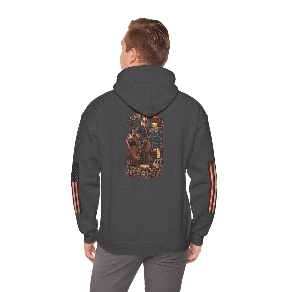 Patriotic Revolutionary War Hoodie — Vintage American Flag Sleeves - Personalized
