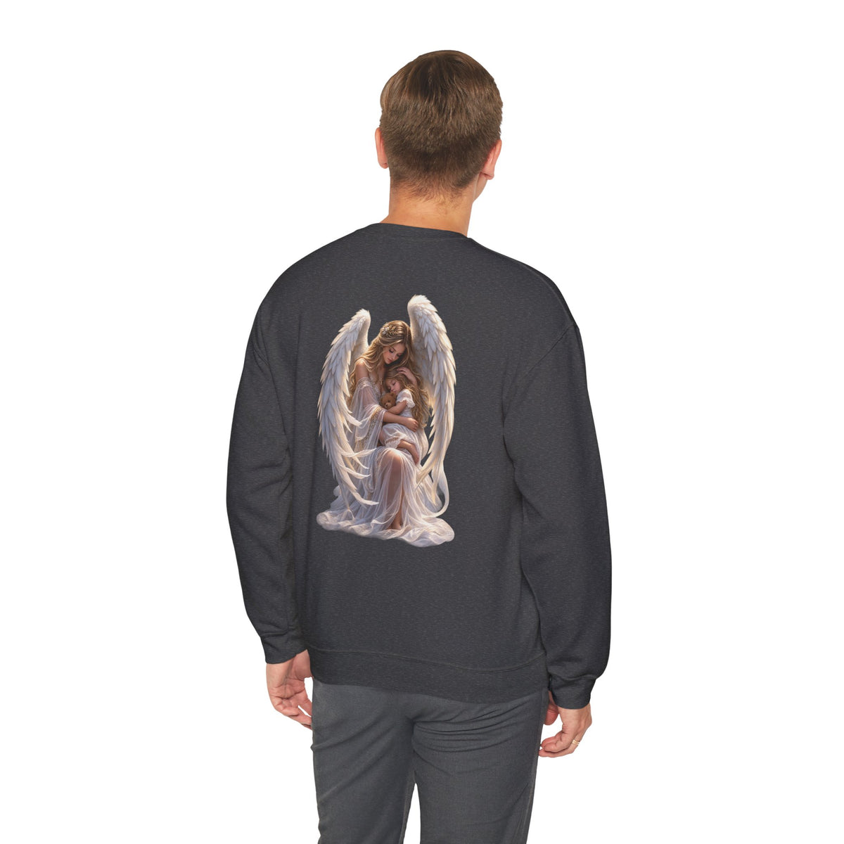 Angel Mother & Child Crewneck Sweatshirt – Serene Guardian Graphic Pullover