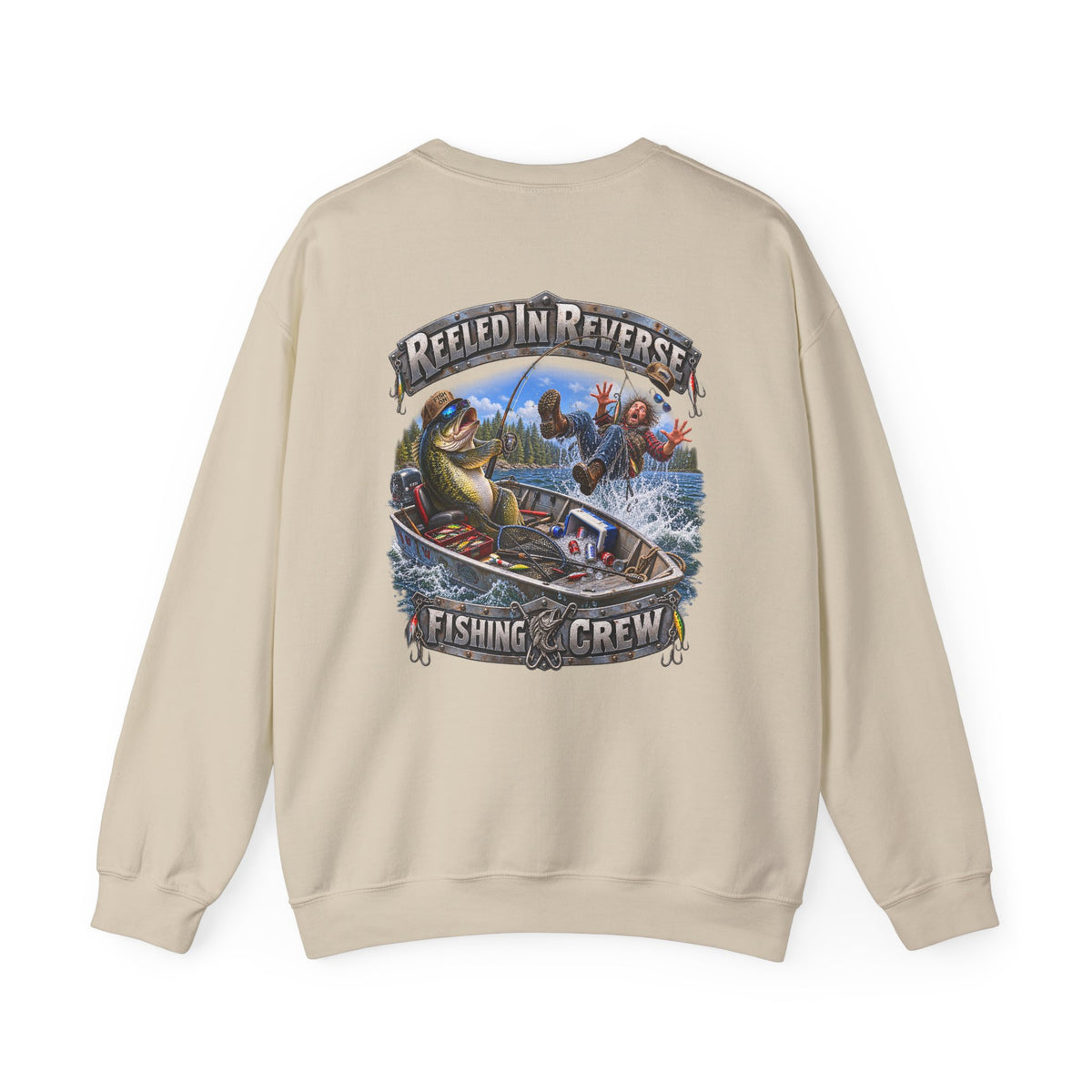 Fishing Crewneck Sweatshirt — "Reeled in Reverse" Graphic