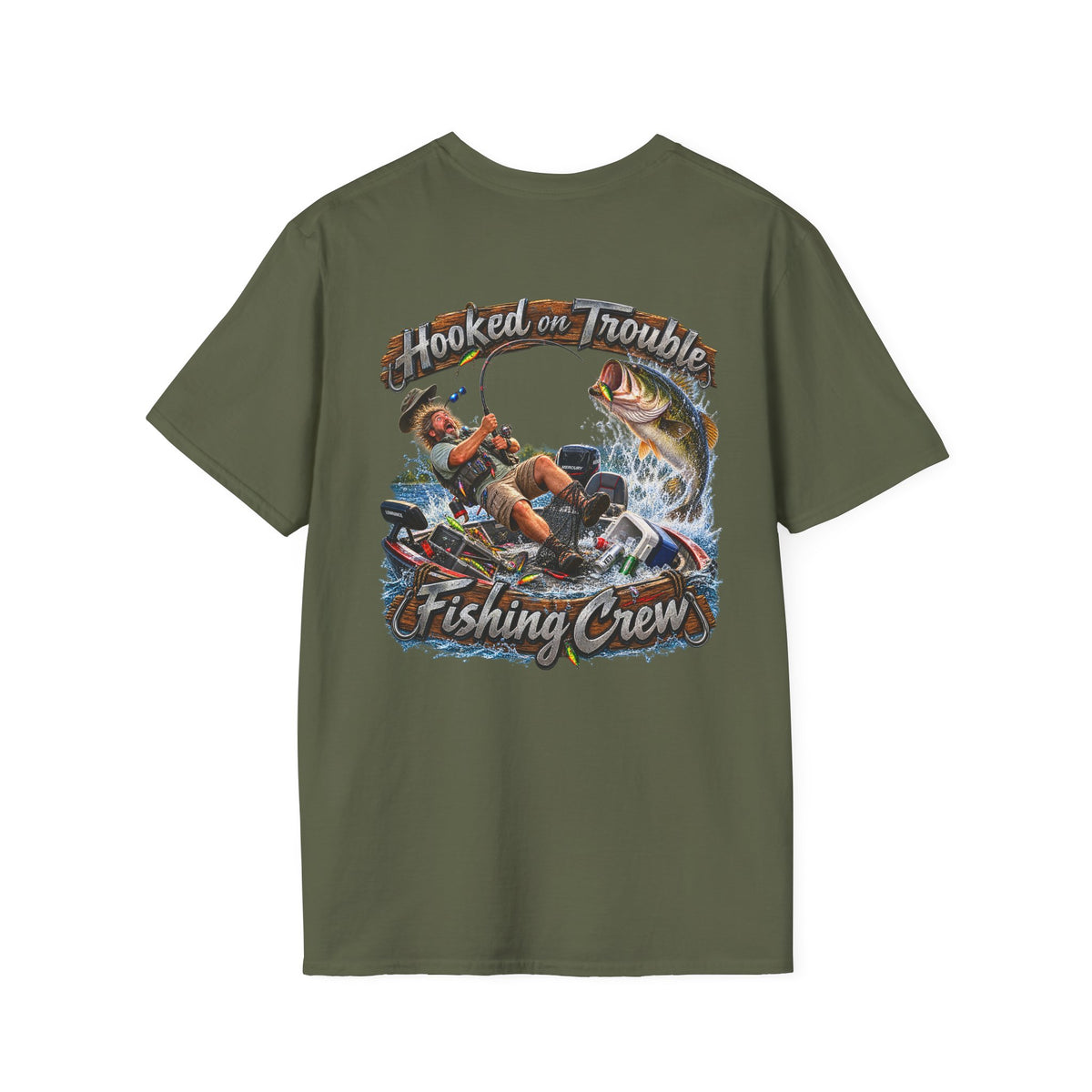 Fishing Crew T-Shirt — "Hooked on Trouble" Graphic T-Shirt - Personalized