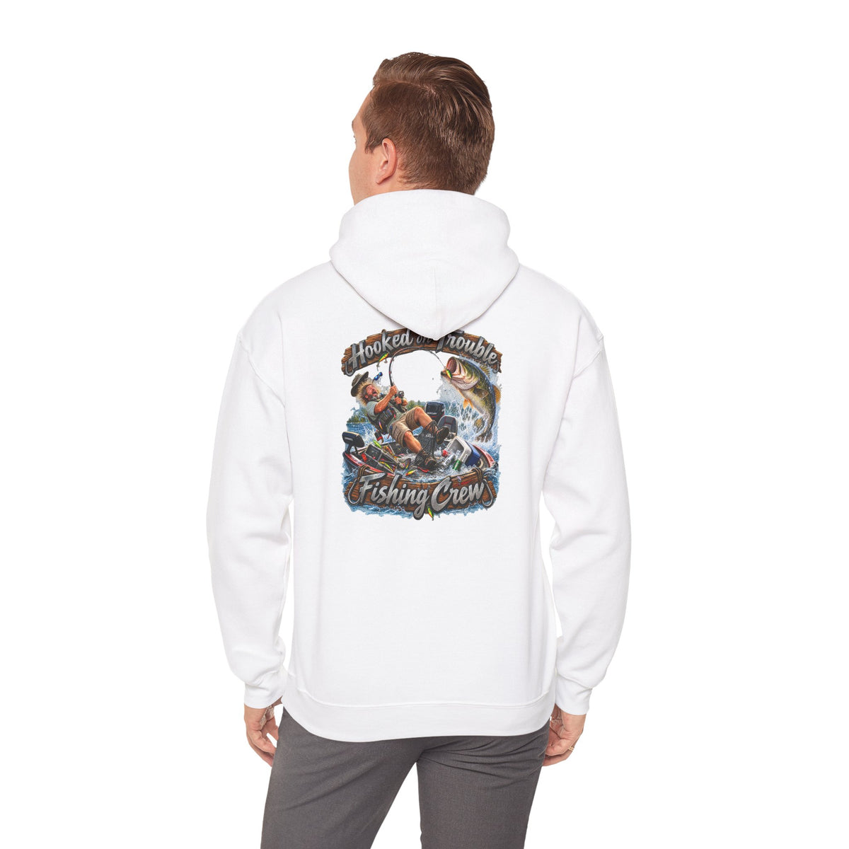 Fishing Crew Hoodie — "Hooked on Trouble" Graphic Hoodie