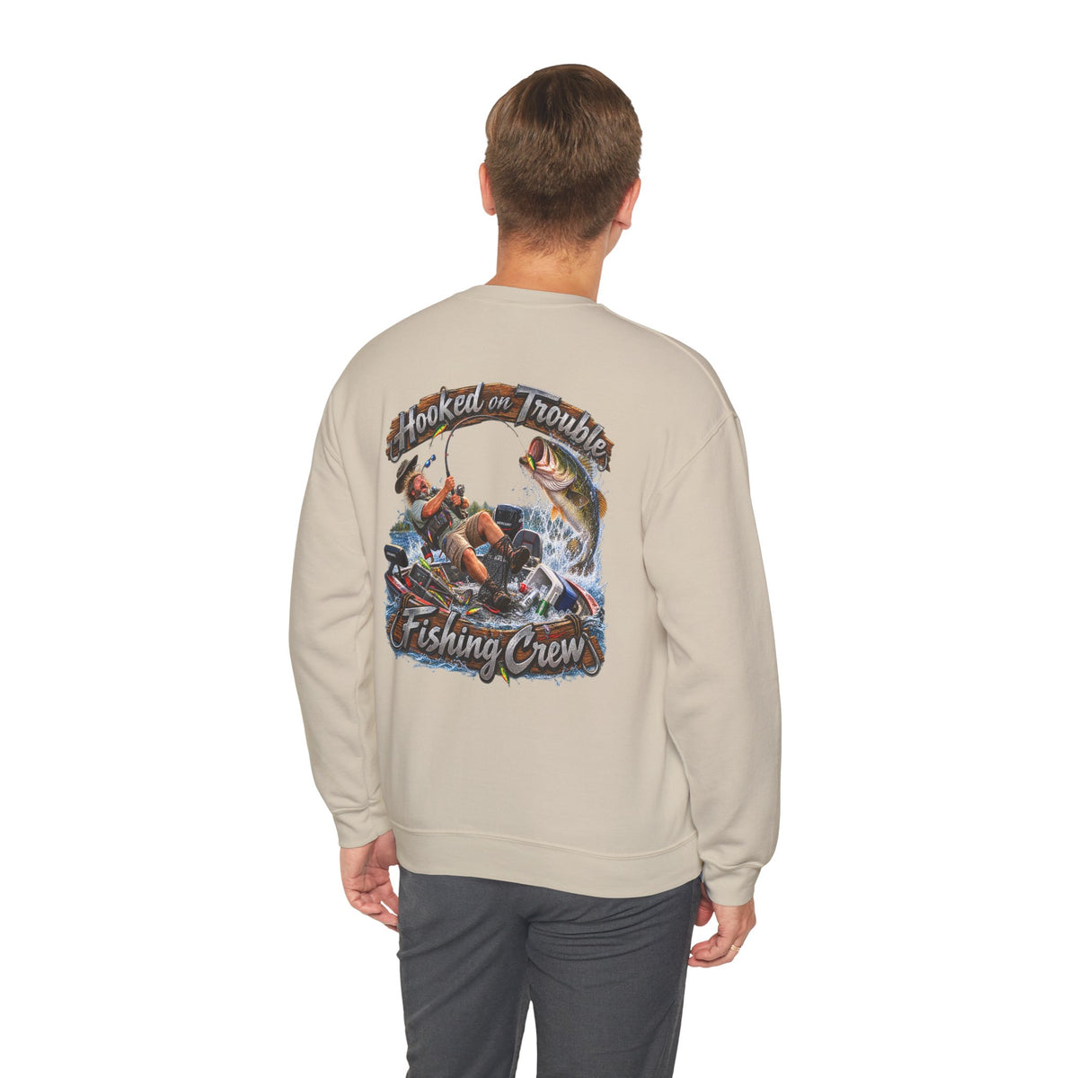 Fishing Crew Sweatshirt — "Hooked on Trouble" Graphic Crewneck