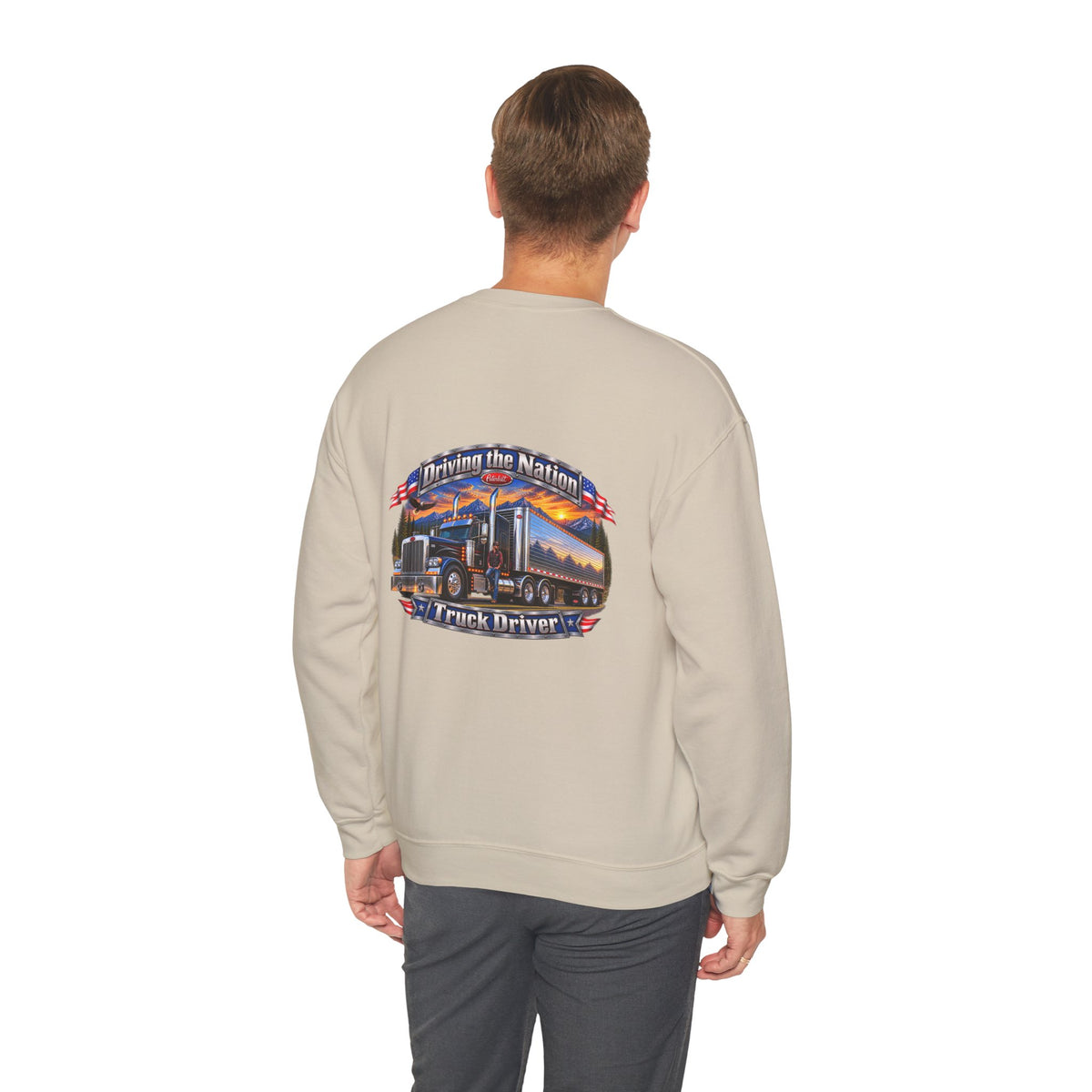 Truck Driver Crewneck Sweatshirt — "Driving the Nation" Patriotic Semi-Truck Design
