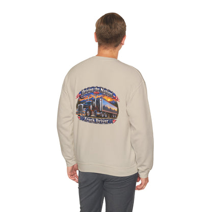 Truck Driver Crewneck Sweatshirt — "Driving the Nation" Patriotic Semi-Truck Design