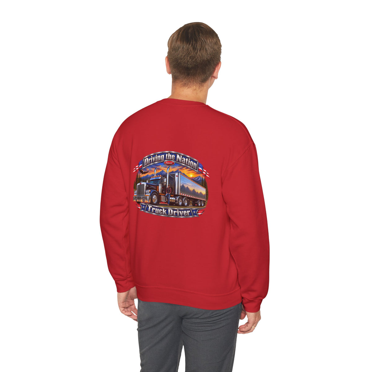 Truck Driver Crewneck Sweatshirt — "Driving the Nation" Patriotic Semi-Truck Design