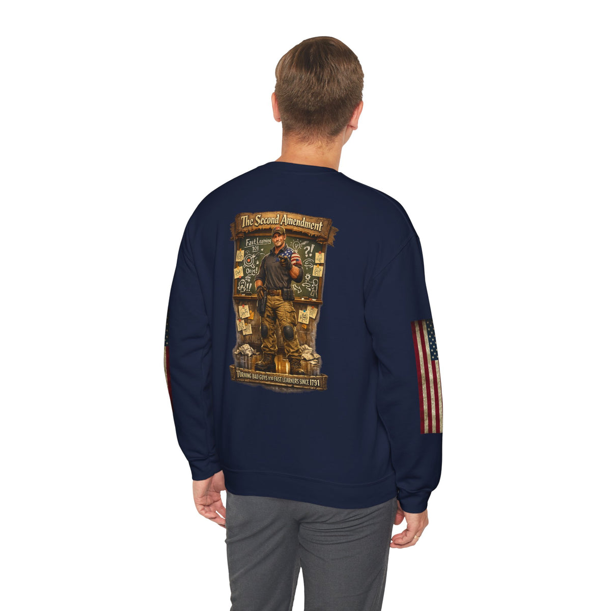 Patriotic Veteran Tribute Crewneck — American Flag Sleeves & Military Honor Back Print