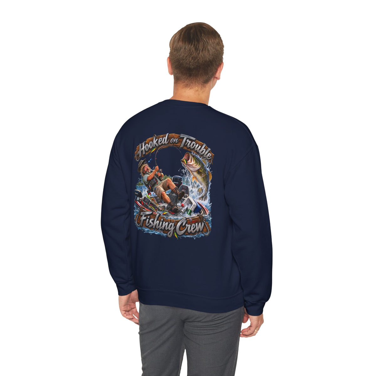 Fishing Crew Sweatshirt — "Hooked on Trouble" Graphic Crewneck - Personalized