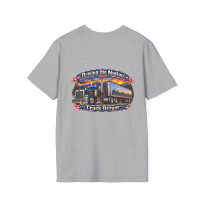 Truck Driver Crewneck T-Shirt — "Driving the Nation" Patriotic Semi-Truck Design