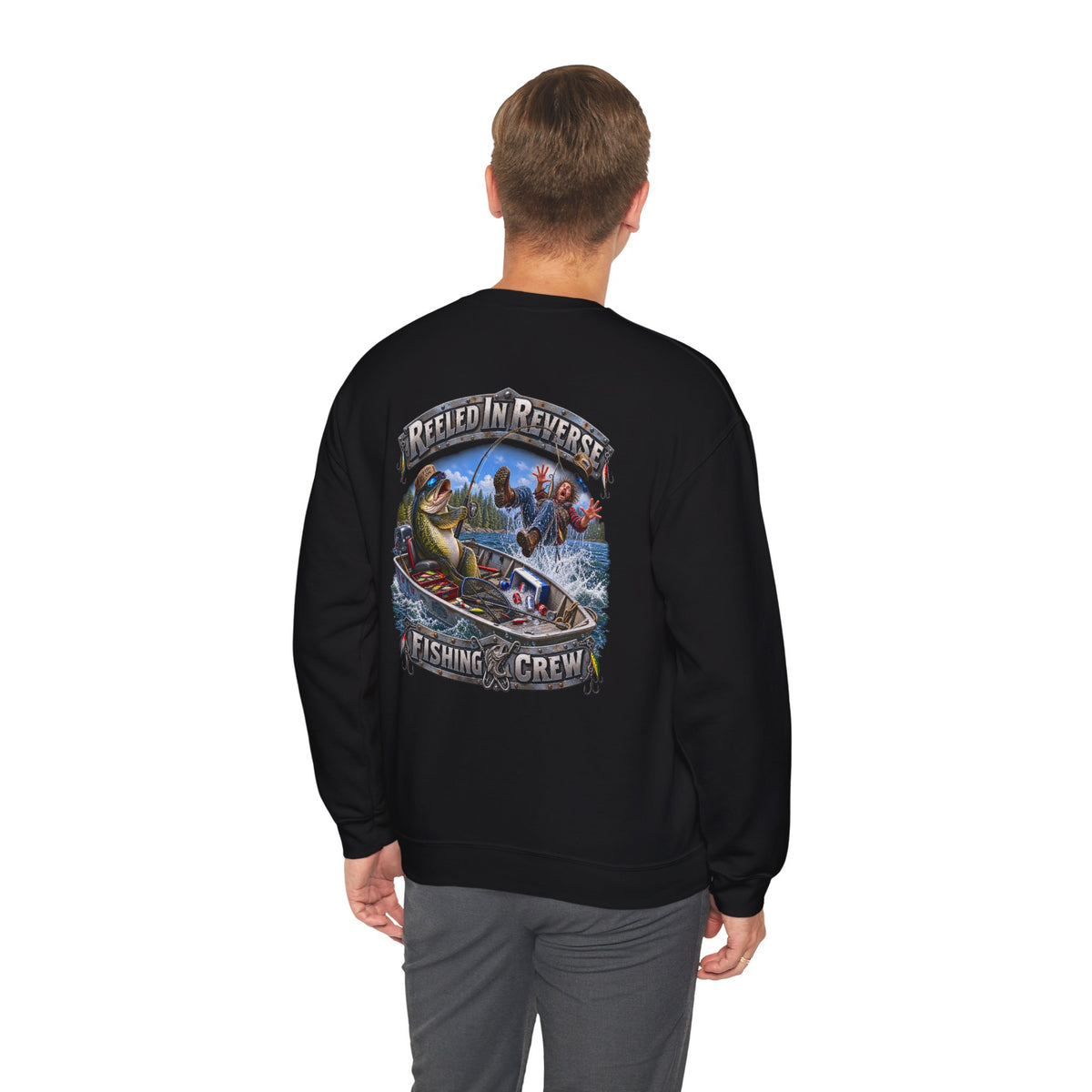 Fishing Crewneck Sweatshirt — "Reeled in Reverse" Graphic