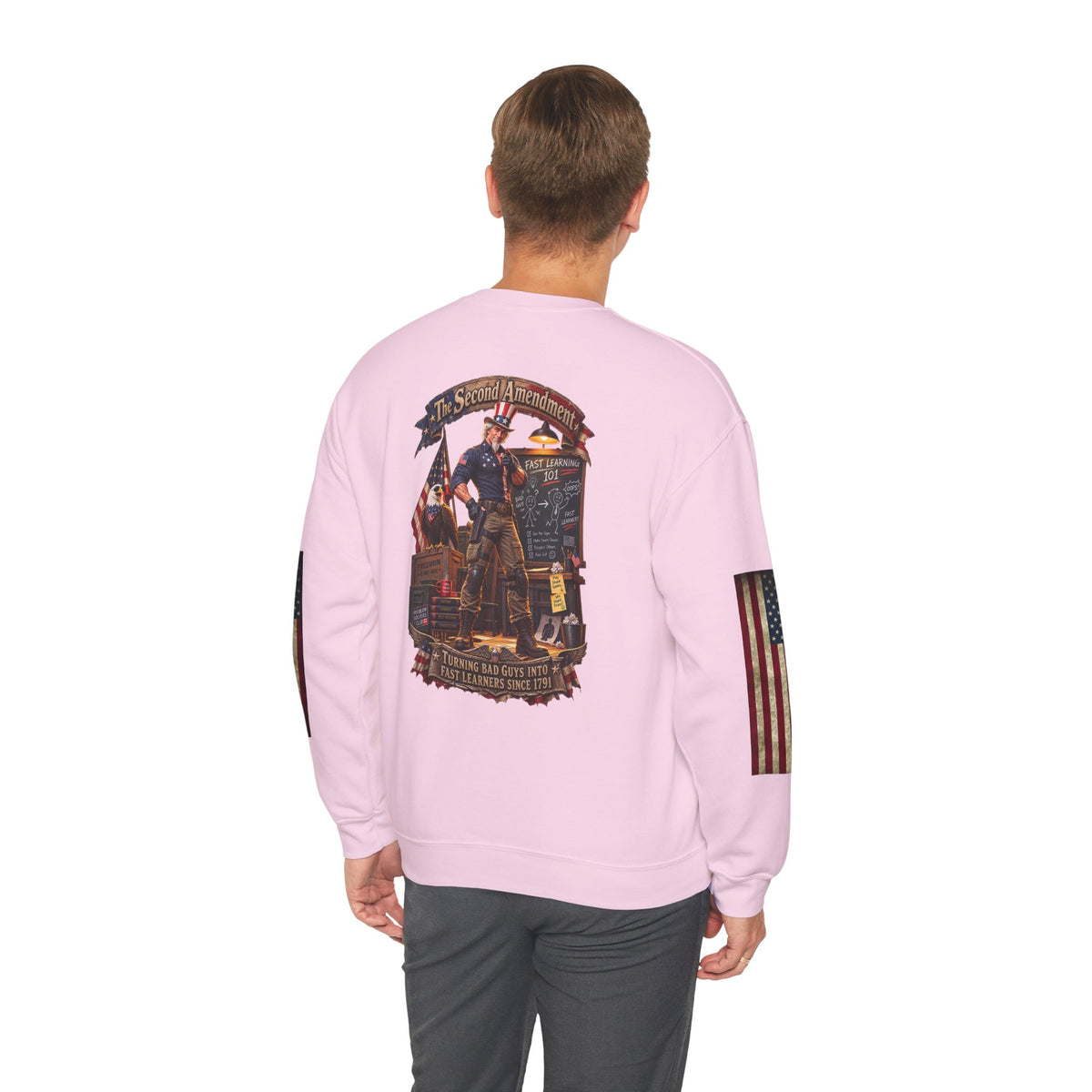 Patriotic Revolutionary War Crewneck Sweatshirt — Vintage American Flag Sleeves - Personalized