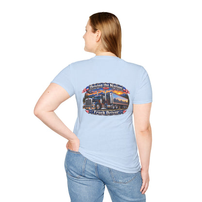 Truck Driver Crewneck T-Shirt — "Driving the Nation" Patriotic Semi-Truck Design